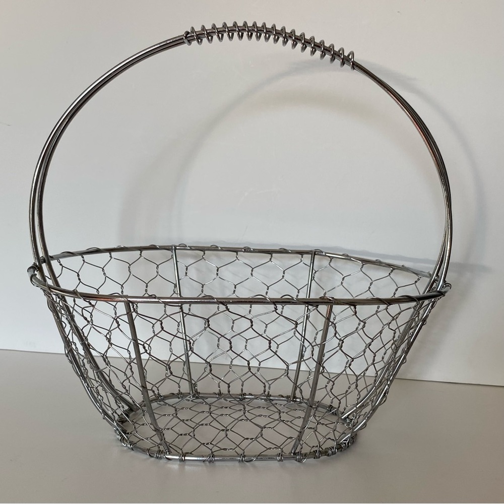 Chicken Wire Egg Gathering Basket with Double Handles Silver Tone Farmhouse